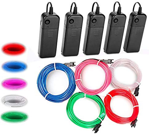 Balabaxer EL Wire, 5 Pack 9ft Neon Lights Portable Electroluminescent Wire with Battery Pack for Parties, Halloween,DIY Decoration (Green, Blue, Red, White, Pink)