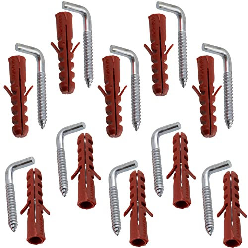 AERZETIX - C65096 - Juego de 10 Tacos universales Ø8x40mm en plástico + 10 ganchos tipo L para atornillar Ø5x40mm - en acero - madera hormigón ladrillo cemento trabajos edificio fijación
