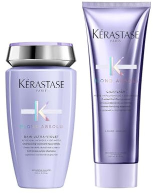 Kérastase Pflegeset mit Anti-Gelbstich Shampoo und Haarspülung für strapaziertes und ausgeblichenes Haar, Mit Hyaluronsäure, Bain Ultra-Violet & Cicaflash Conditioner, Blond Absolu (2 x 250 ml)