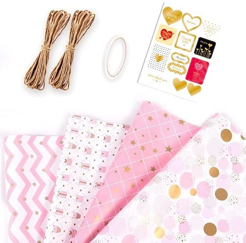 Papier Cadeau Anniversaire,Papier Cadeau Set avec Ruban et Étiquette,Papier Emballage Cadeau pour Femme Fille Bebe Homme Garcon Enfant