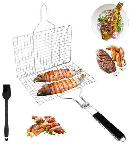 Cesta de Pescado, Cesta para Asar Pescado, Canasta de Parrilla de Barbacoa, Portátil Canasta Parrilla, Portátil Plegable, con Cepillo de Cocina, para Pescado, Verduras, Camarón, Carne (54 * 22cm)
