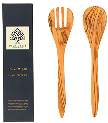 Demy Craft- Olivenbaum 30 cm Handgefertigte Salat-Servierset, Holzlöffel und -gabel (2 Piece)