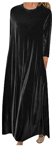 Women's Vintage Velvet Maxi Dress - Long Sleeves, Casual Loose Fit, Elegant Bridesmaid Dress - Solid Black, Plus Size