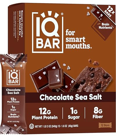 IQBAR Brain and Body Clean Plant Protein Bars - Chocolate Sea Salt - 12 Bars - Keto, Vegan, High Fiber, Gluten and Dairy Free, Low Sugar Snack with Nutrients for Focus, Energy, Meal Replacement