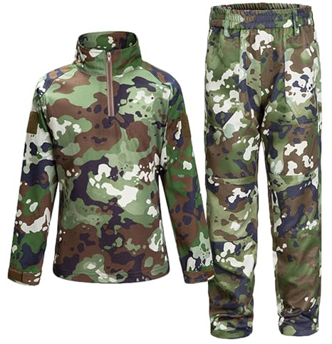QIYUANT Bambini Set di Maglietta e Pantaloni Tattica Airsoft Militare Camuffare Primavera Estate Autunno Manica Lunga Combattere Caccia Escursionismo (Mimetico Giungla/Maglietta + Pantaloni, 160)
