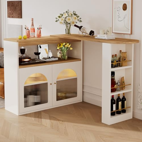 BTM Bar Table Set, Bar Table with Sideboard Storage Cabinet, Kitchen Island, Rotatable Dining Table with Storage & 1m Adjustable Light LED Strip, 138-193x39x105cm, Black&Brown