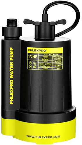 PHLEX PRO 1/2HP Automatic Submersible Water Pump,110V Sump Pump Submersible with 3/4” Garden Hose Check Valve Adapter,2650 GPH Water Removal for Swimming Pool Cover Hot Tubs Flooded House Basement