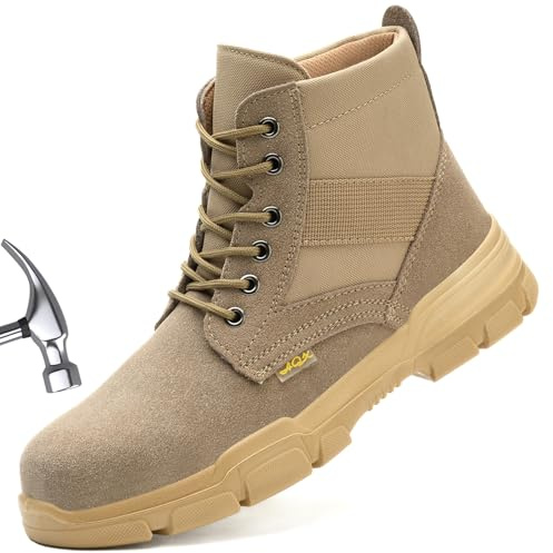 MOFEELE Steel Toe Boots for Men or Women, Slip Resistant Work Boots Steel Toe Shoes Indestructible Tactical Mid Top Safety Shoes for Warehouse Industry Construction (Khaki 6 Men/7.5 Women)