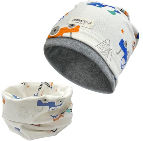 LECTNORE Kinder-Mützenset und Loop-Schal, 95% Baumwolle, 5% Elastan, Mütze, Schal-Set, Herbst-Wintermütze und Schal-Set, doppellagige kontrastfarbene Flormütze für Herbst, Winter, Frühling (Weiß)
