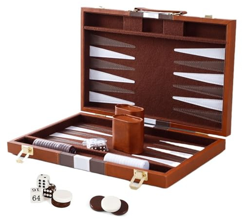 Caossuixin 15 Inch Travel Backgammon Set, Deluxe Leather Case Board Game for Adults and Children, Portable Travel Backgammon, Backgammons Set with Dice Cup and Board Game Pieces (Brown)