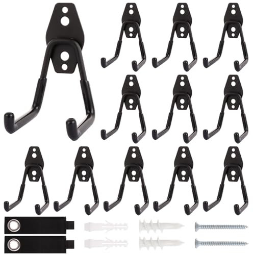 LDXDRU 12 Pack Garage Hooks, Wall Mount Tool Holder with Fixings, Double Hooks Wall Hooks Ladder Hooks Hanger Garden Tools Storage Organizer for Ropes Helmet Shovel - 35kg Load Capacity