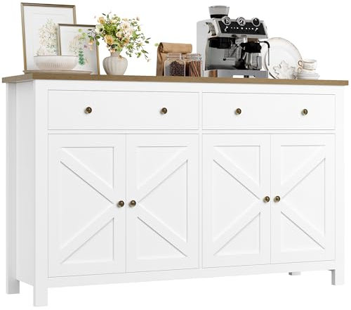 FirFurd Sideboard 140cm Breit Küchenschrank mit Arbeitsplatte Buffetschrank mit 2 Schubladen 4 Türen Küchenbuffet mit verstellbaren Ablagen für Wohnzimmer Küche Esszimmer 140x40x89 cm weiß