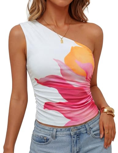 ZESICA Womens Summer Floral Going Out Tank Tops 2026 Off Shoulder Slim Fit Y2K Crop Mesh Top Beach Vacation Outfits,White,Small