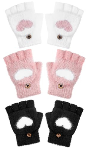 Geyoga 3 Pair Kids Fingerless Gloves for Girls Winter Warm Convertible Flip Top Gloves Heart Half Finger Mitten for Toddler(Black, Pink, White,8-12 Years)