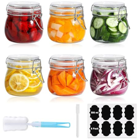 Kongming Barattoli per conserve con chiusura a leva, vasetti con coperchio, ermetici, in vetro trasparente, con etichette, penna e spazzola per la fermentazione Kimchi (6 × 500 ml)