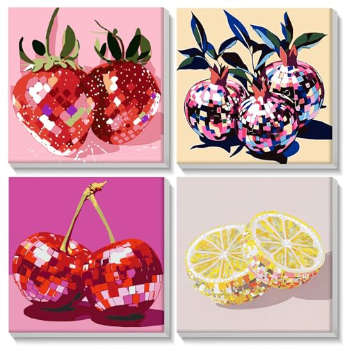 AIRDEA 4 pièces Fruits Pop Pailletés Peinture Numero adulte et enfants avec cadre, 4 pièces acrylique facile sur toile pour débutants, Peinture par Numero Adulte 20x20 cm