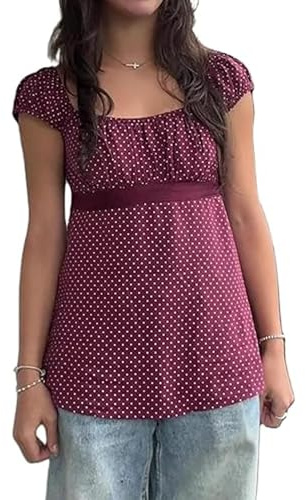 Lshyuehao Womens Polka Dot Babydoll Top Cap Sleeve Micro Polka Dot Tie Back Flowy Peplum Blouse Coquette Going Out Tops (A-Claret, XL)