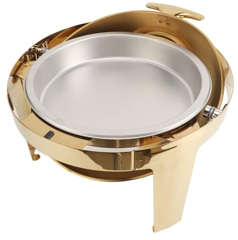 AKLOSIPY Elegant Gold Chafing Disk Buffet Set - 6L Rostfritt Stål Alkoholuppvärmd Cateringvärmare med Genomskinligt Lock för Evenemang och Fester (1 panna i full storlek)