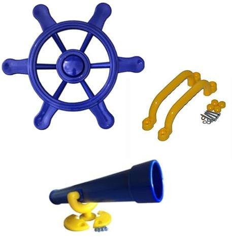 Kit d'accessoires pour tour de jeu, volant de pirate, télescope et poignées bleues - Cadre d'escalade, cabane dans les arbres et accessoires de lit d'aventure - En plastique résistant aux intempéries