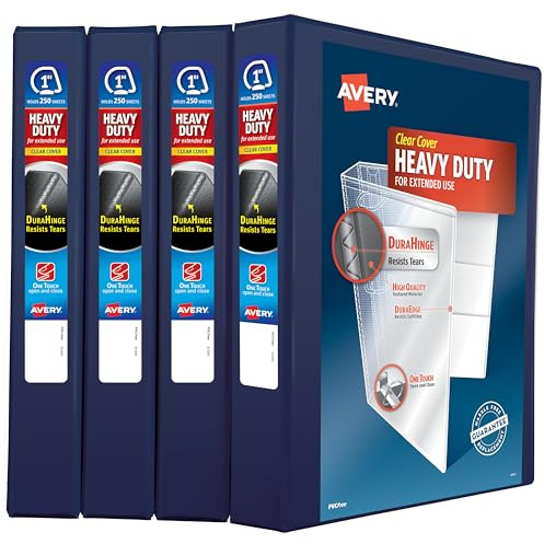 Avery Heavy Duty View 3 Ring Binder, 1 One Touch Slant Ring, Holds 8.5 x 11 Paper, 4 Navy Blue Binders (79869)