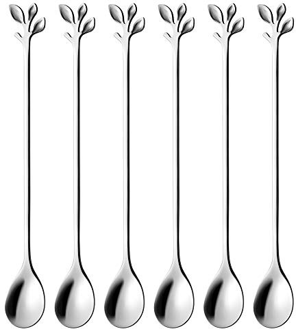 AnSaw 6-Piece Elegant Silver Leaf Long Handle Teaspoons - 7.4