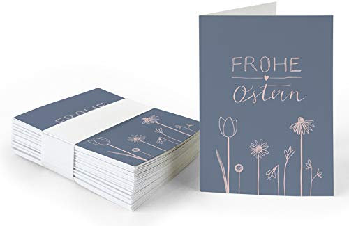 25 Geschenkanhänger - Frohe Ostern - Ostergrüße in Blau Rosa mit Blumen, originelle Mini Osterkarten zum Ostergeschenke Beschriften, edel exklusiv individuell, A7 Recyclingpapier Klappkarten