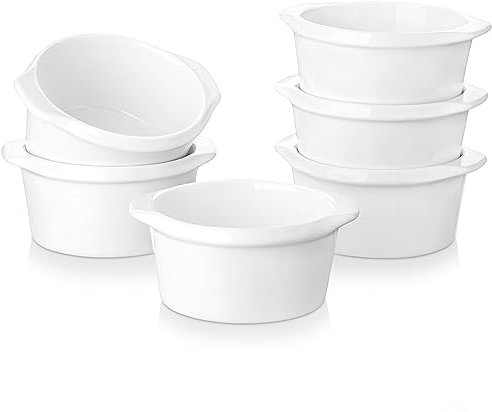 LOVECASA Oven Dishes Round Shape Dish Oven to Table Baking Dish, Ceramic Bakeware Set of 6 with Double Handle Ideal for Cake/Pie/Casserole/Pasta, White - 9.3cm in Diameter
