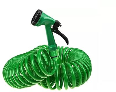 10M Retractable Coil Hose Pipe Extendable Spring Design Reel Nozzle Tap 7 Function Garden Plant Flower Water Spray Gun Green