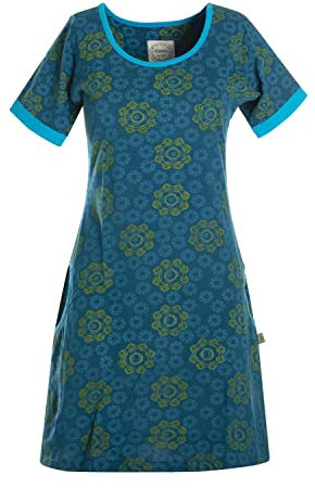 Vishes - Alternative Bekleidung - Kurzarm Damen Hippie T-Shirt Kleid Blumen Tunika Jerseykleid Baumwolle türkis 40