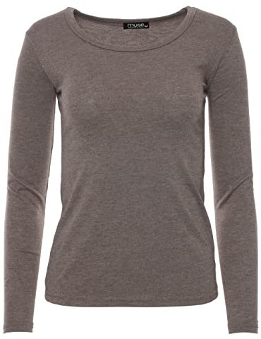 Easy Young Fashion - Damen Basic Rundhals Shirt - Langarm Unterziehshirt - Skinny Fit 1093 - Braun meliert S