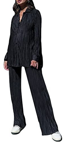 Yassiglia Damen Plissee Zweiteiler Outfit Elegant 2 Teiler Hosenanzug Set Frauen Langarmshirt + High Waist Freizeithose Outfits Sommer Herbst Loungewear Streetwear(Schwarz, Small)