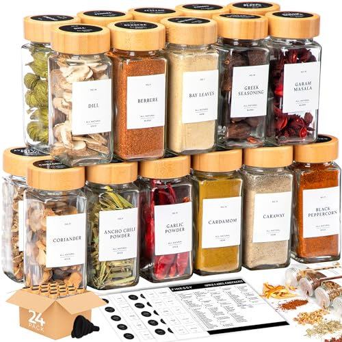 FINESSY Bamboo Glass Spice Jars with Labels and Shaker Lids Clear Empty 4oz 24 Pack Bottles Set, Glass Spice Containers with Labels, Seasoning Organizer Jars
