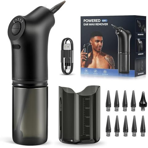 Ear Wax Vacuum Removal Kit, USB Charge Ear Wax Suction Remover, Reusable Water Powered Ear Cleaner, Electric Ear Irrigation Flushing Kit with 10 replacement Ear spout, 4 Modes Suitable for Adults Kids