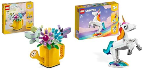 LEGO Creator 3in1 Flowers in Watering Can Toy to Welly Boot to 2 Birds on a Perch & Creator 3 in 1 Magical Unicorn Toy to Seahorse to Peacock, Rainbow Animal Figures