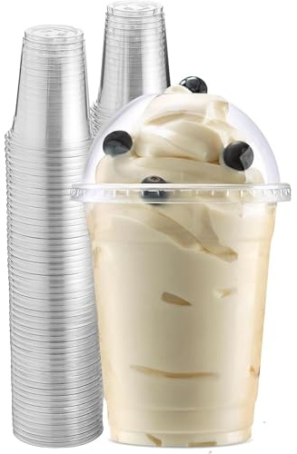 Prieto Larrey - Vasos batido reutlizables con tapa 450 ml (Pack 50) - Vasos plástico reciclables- Vasos transparentes con tapas abovedadas - Ideal para batidos, jugos y bebidas frías