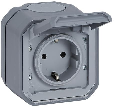LEGRAND, Plexo New Feuchtraum-Aufputz-Steckdose, Schuko-Standard, inklusive Klappdeckel, Berührungsschutz, Steckklemmen, 16 Ampere, 250 Volt, IP44 - IK07, Farbe: Grau, 069730L