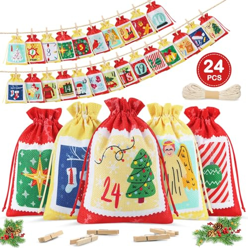 Calendario Adviento para Rellenar 2025 Niño Hombre Mujer, Bolsas Calendario Adviento Diy Calendario Adviento Vacio Tela, Calendarios de Adviento de Navidad con clips y cuerda