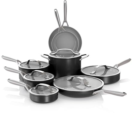 Ninja NeverStick Ceramic Pro 14-Piece Cookware Set, Non-Stick Pots & Pans Set with Glass Lids, Ceramic, Stainless Steel, Stove to Oven Safe, All Stovetops & Induction Compatible, Black, CW39014BK