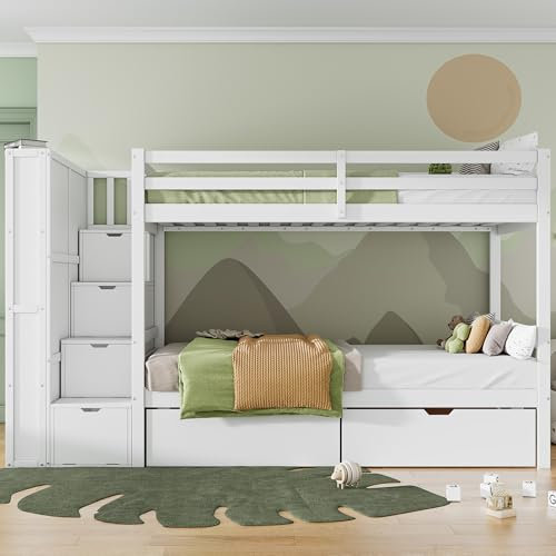 Azkoeesy Litera Infantil de 90 x 200 cm con escaleras, 2 cajones, 4 Cajas de Almacenamiento, estantería de pie, Cama Infantil para 2 niños y Adolescentes, Color Blanco