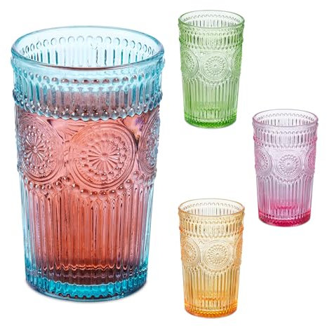 Relaxdays Set de 4 Vasos, Diseño Vintage, Aptos para Lavavajillas, 360 ml, Cristalería Retro, Agua, Zumo, Multicolor