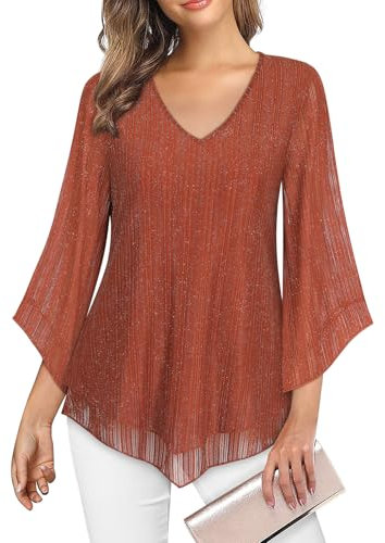 Gemulate Women's Blouses & Shirts Womens Tops Plus Size Blouse 3/4 Sleeve Sparkly Top Basics Fashion T Shirts Ladies Evening Tops Party Top for Women UK - Caramel Stripes, XL