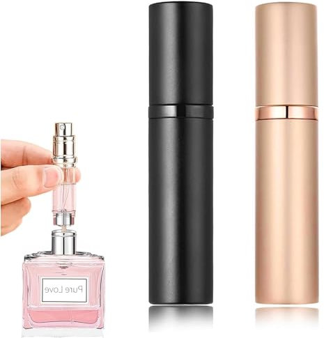2PCS Perfume Atomiser,Portable Perfume Atomiser Refillable,5ml Portable Perfume Spray Bottle, Bottom Filling Mini Atomizer, Pocket Size Bottom Filling Perfume Dispenser for Women and Men (Black+Gold)