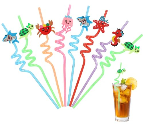 Set de 8 Pajitas Reutilizables Multicolor para Niños y Adultos, Diseño Curvo y Temático para Fiestas, para Zumos, Cócteles y Bebidas Frías, Decoración Ecológica y Divertida