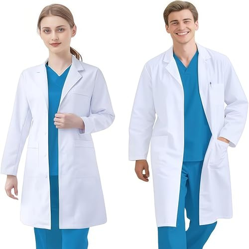 FAHAKO Blouse Chimie Blouse Blanche Femme Homme Blouse Laboratoire Blouse Blanche Chimie Coton Manche Longue Blouse Médicale avec 3 Poche Bouton pour Scientifique Infirmier Etudiant