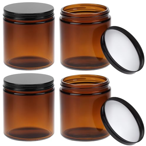 QWORK® 4 stycken 500 ml bärnstensfärgade glasburkar med svarta lock, mångsidiga behållare med UV-skydd, för eteriska oljor och lotioner