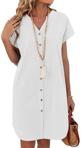 Zeagoo Robe Chemise Femme Été Courte Robe en Lin Manches Courtes Ample Décontractée Robes Col V Blouse Robes à Poche Blanc XL