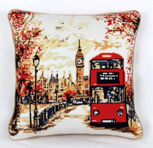 NAHUIGOOD Punto Croce Cuscino Kit Scena Di Strada Di Londra 45X45Cm Kit Per Punto Croce Cuscino - Tela Stampata -