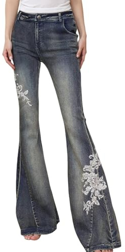 Jean évasé pour femme - Élégant - Taille haute - Brodé - Pantalon stretch - Coupe bootcut - Pantalon en jean stretch - Coupe skinny - Pantalon Y2K - Vintage - Streetwear - Pantalon de fête hippie des