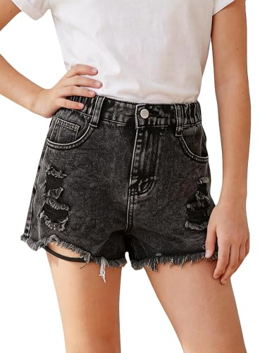 Happy Cherry Shorts Denim Ragazze Vita Elastica Estate Jeans Corti Strappati con Tasche Pantaloncini Casual Vintage Nero per Bambine 13-14 Anni