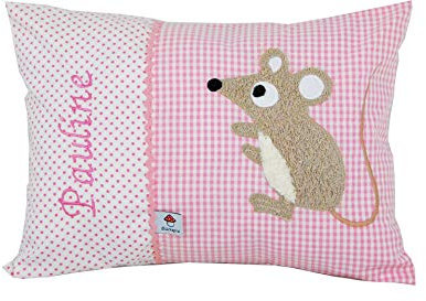 Glückspilz Namenskissen Babykissen I Maus I mit Namen personalisiert I Geschenk zu Geburt, Taufe oder Geburtstag I Rosa (25 x 35 cm)